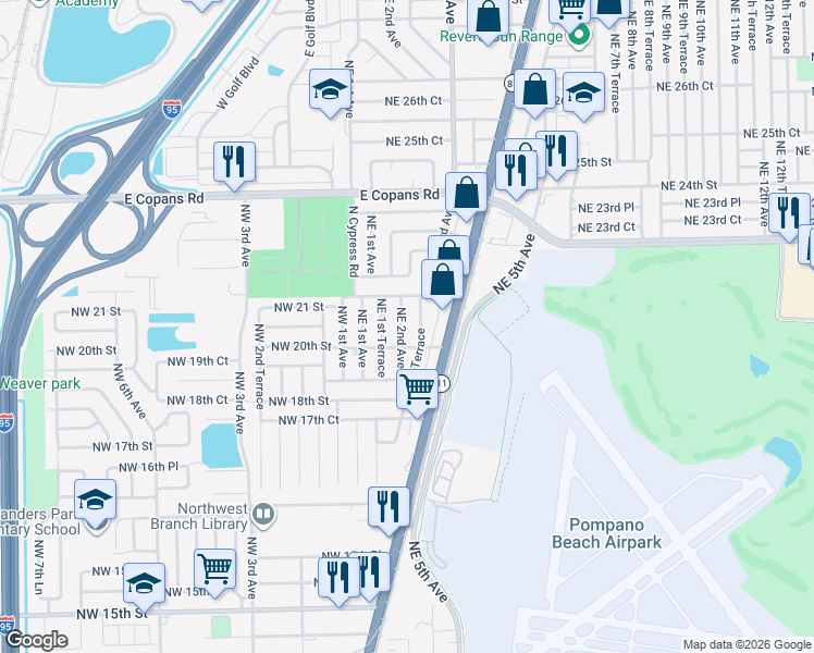 map of restaurants, bars, coffee shops, grocery stores, and more near 2030 Northeast 2nd Avenue in Pompano Beach