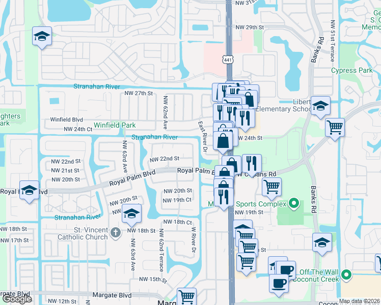 map of restaurants, bars, coffee shops, grocery stores, and more near 2205 West River Drive in Margate