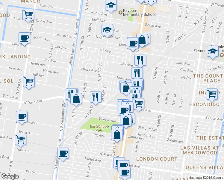 map of restaurants, bars, coffee shops, grocery stores, and more near 5716 North Broadway Street in McAllen
