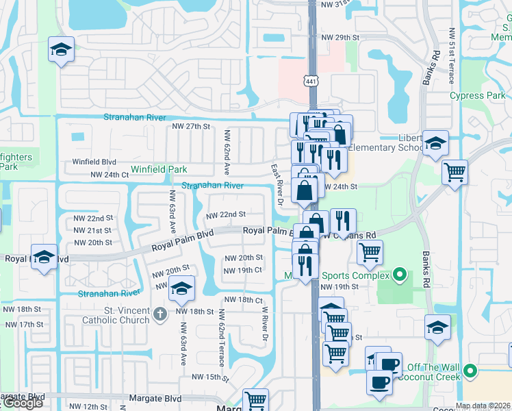 map of restaurants, bars, coffee shops, grocery stores, and more near 2205 West River Drive in Margate