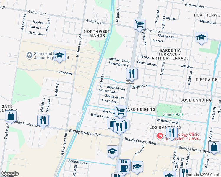 map of restaurants, bars, coffee shops, grocery stores, and more near 3909 Bluebird Avenue in McAllen