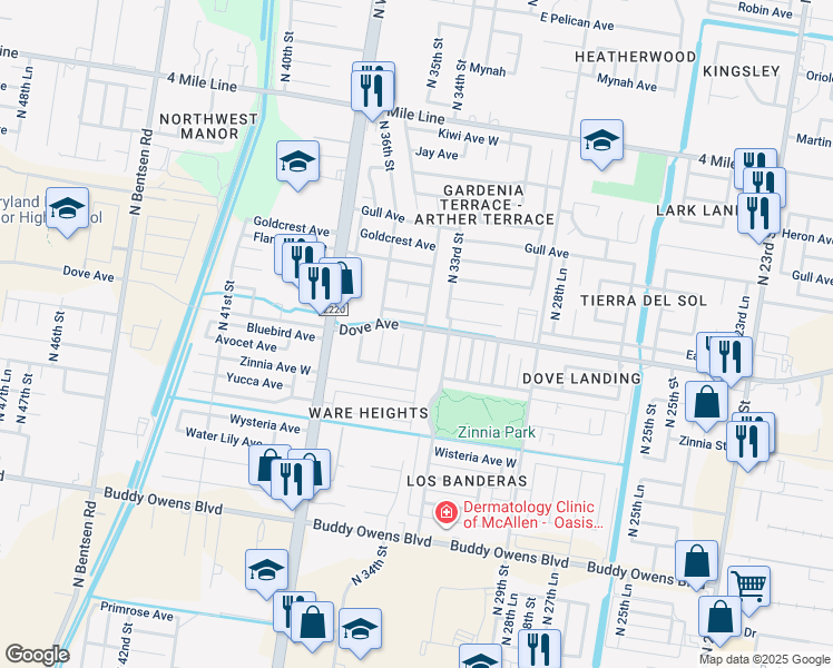 map of restaurants, bars, coffee shops, grocery stores, and more near 5513 North 34th Street in McAllen