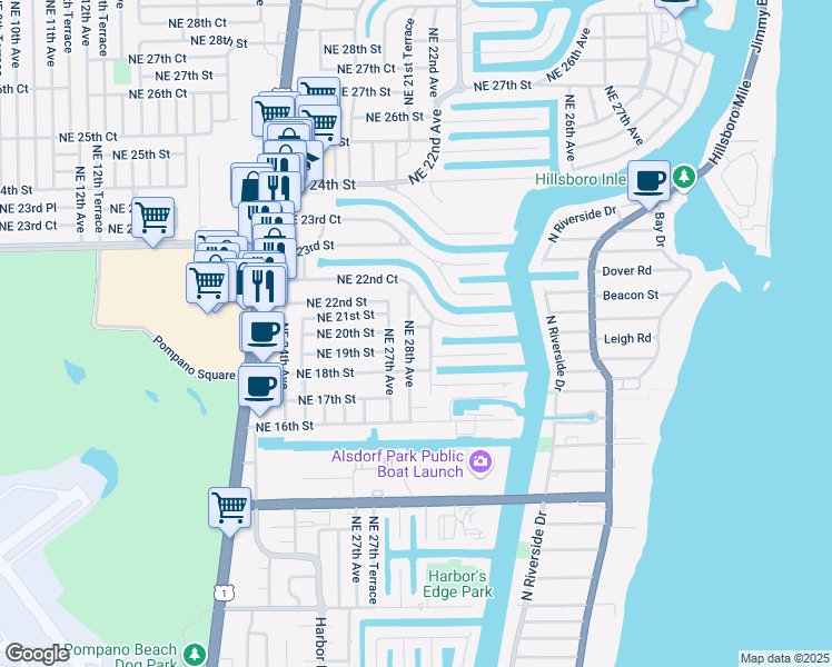 map of restaurants, bars, coffee shops, grocery stores, and more near 2800 Northeast 20th Street in Pompano Beach