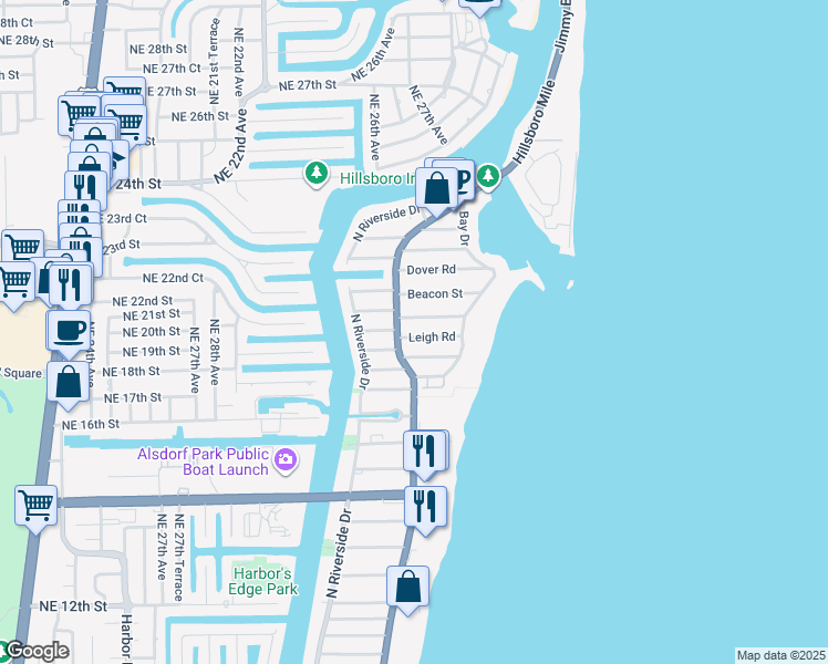 map of restaurants, bars, coffee shops, grocery stores, and more near 3403 Leigh Road in Pompano Beach