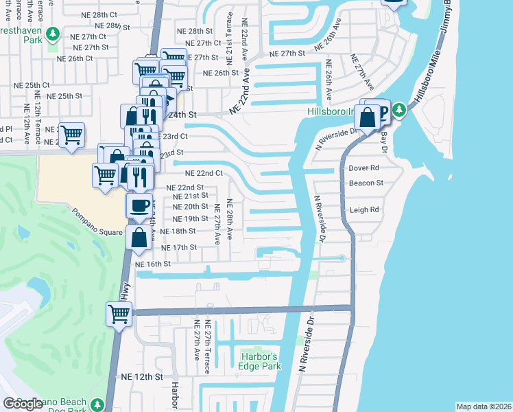 map of restaurants, bars, coffee shops, grocery stores, and more near 2860 Northeast 22nd Court in Pompano Beach