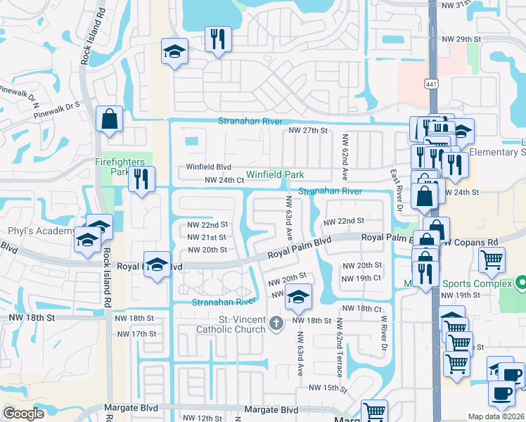 map of restaurants, bars, coffee shops, grocery stores, and more near 6480 Northwest 22nd Court in Margate