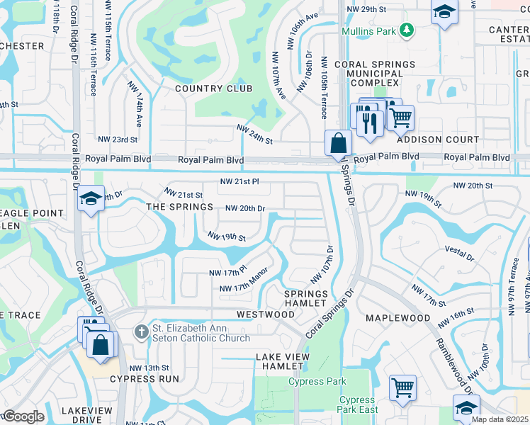 map of restaurants, bars, coffee shops, grocery stores, and more near 2051 Northwest 108th Lane in Coral Springs