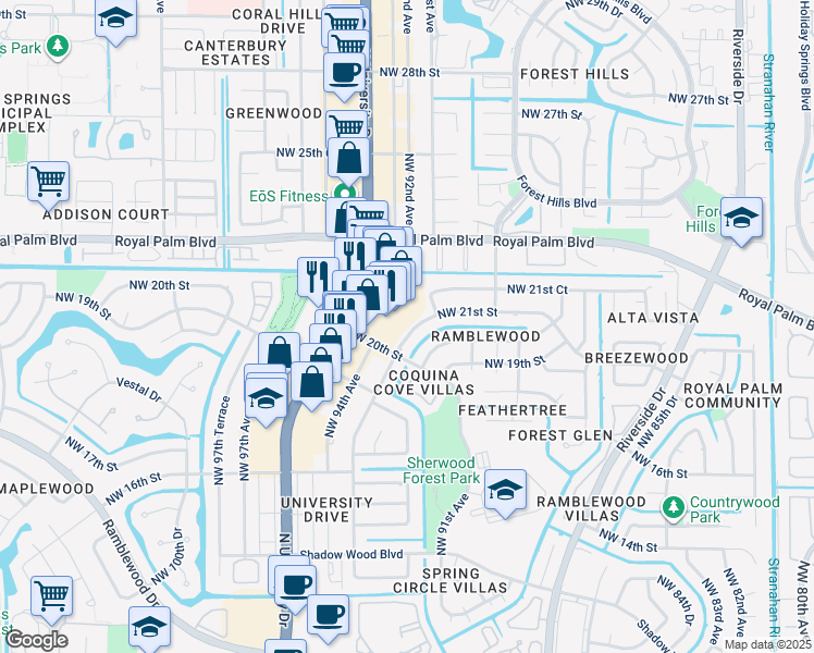 map of restaurants, bars, coffee shops, grocery stores, and more near 9193 Northwest 21st Street in Coral Springs