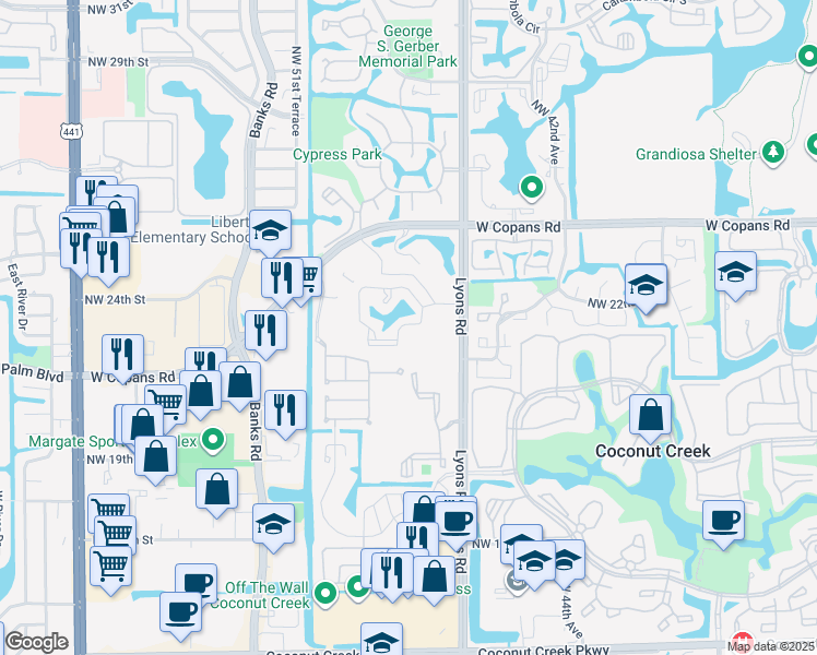 map of restaurants, bars, coffee shops, grocery stores, and more near 108 Northwest 22nd Street in Coconut Creek