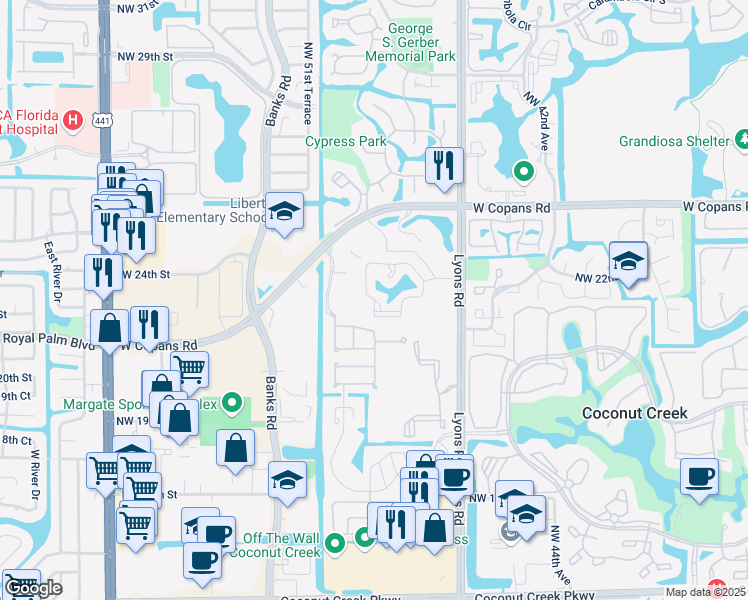 map of restaurants, bars, coffee shops, grocery stores, and more near 164 Northwest 22nd Street in Coconut Creek