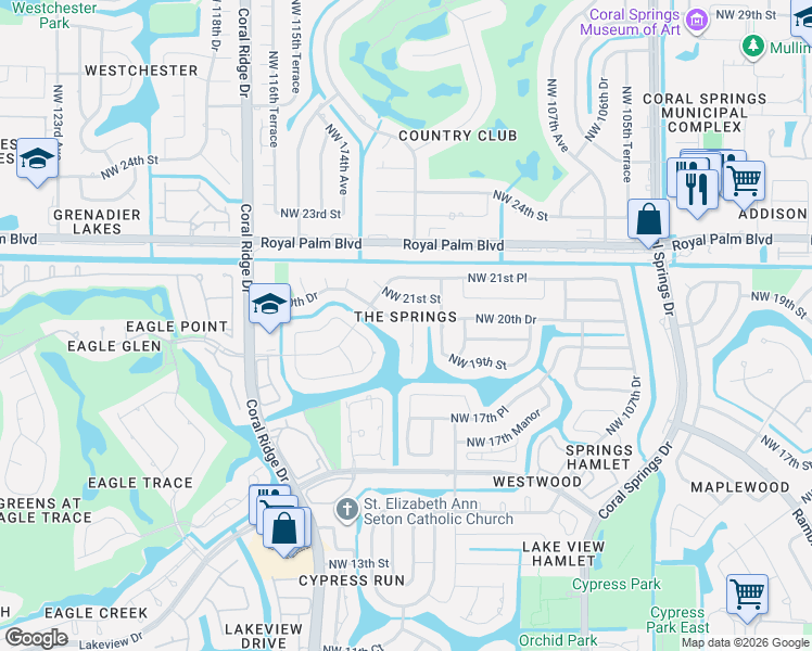 map of restaurants, bars, coffee shops, grocery stores, and more near 2019 Northwest 112th Avenue in Coral Springs
