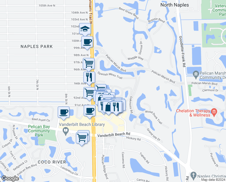 map of restaurants, bars, coffee shops, grocery stores, and more near 1190 Egrets Walk Circle in Naples