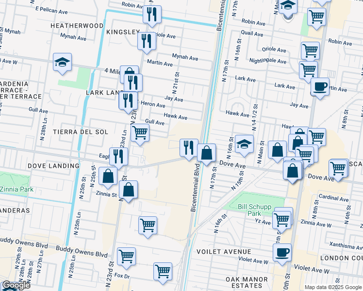 map of restaurants, bars, coffee shops, grocery stores, and more near 1900 West Dove Avenue in McAllen