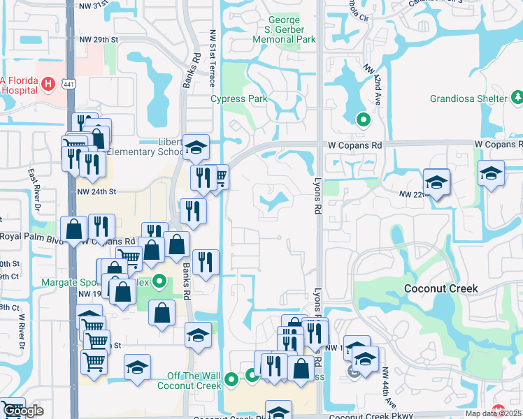 map of restaurants, bars, coffee shops, grocery stores, and more near 164 Northwest 22nd Street in Coconut Creek