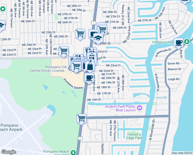 map of restaurants, bars, coffee shops, grocery stores, and more near 1991 Northeast 25th Avenue in Pompano Beach