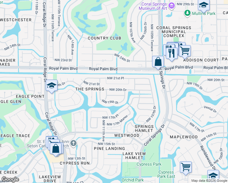 map of restaurants, bars, coffee shops, grocery stores, and more near 10984 Northwest 20th Drive in Coral Springs