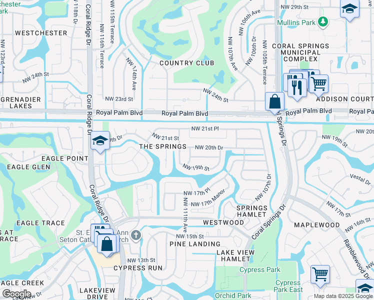 map of restaurants, bars, coffee shops, grocery stores, and more near 2048 Northwest 110th Lane in Coral Springs