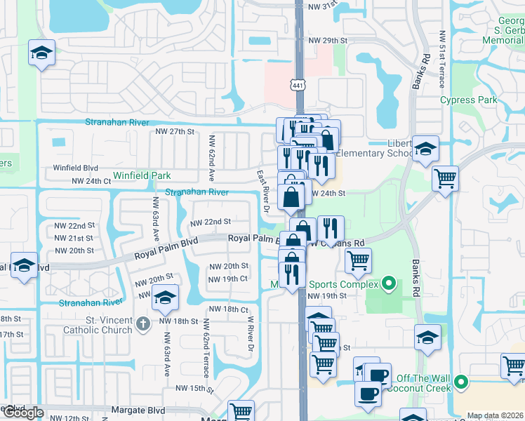 map of restaurants, bars, coffee shops, grocery stores, and more near 2205 East River Drive in Margate