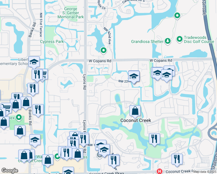 map of restaurants, bars, coffee shops, grocery stores, and more near 4228 Northwest 22nd Street in Coconut Creek