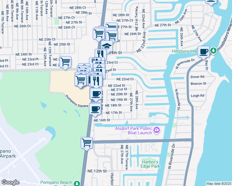 map of restaurants, bars, coffee shops, grocery stores, and more near 2611 Northeast 20th Street in Pompano Beach