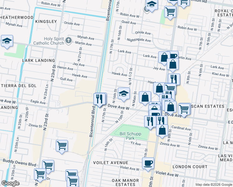 map of restaurants, bars, coffee shops, grocery stores, and more near 1513 Falcon Avenue in McAllen