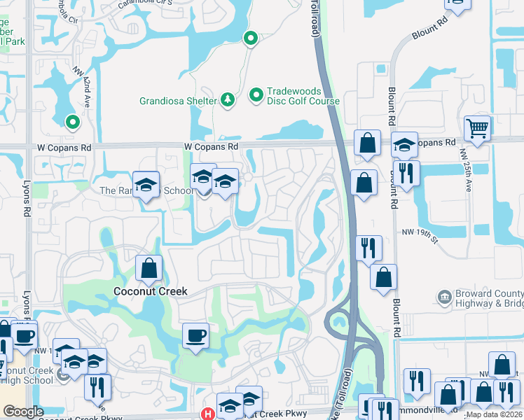 map of restaurants, bars, coffee shops, grocery stores, and more near 2111 Northwest 34th Terrace in Coconut Creek