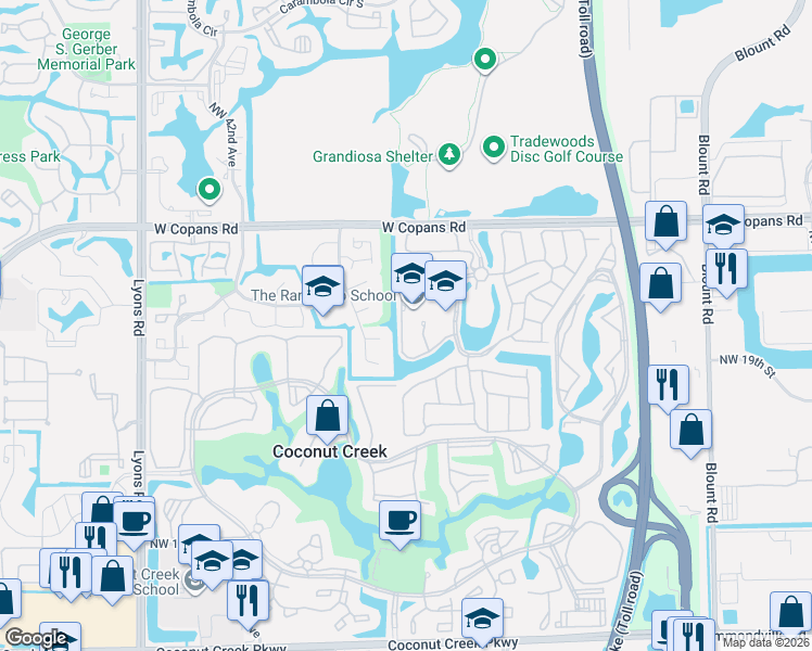 map of restaurants, bars, coffee shops, grocery stores, and more near 2242 Northwest 39th Avenue in Coconut Creek