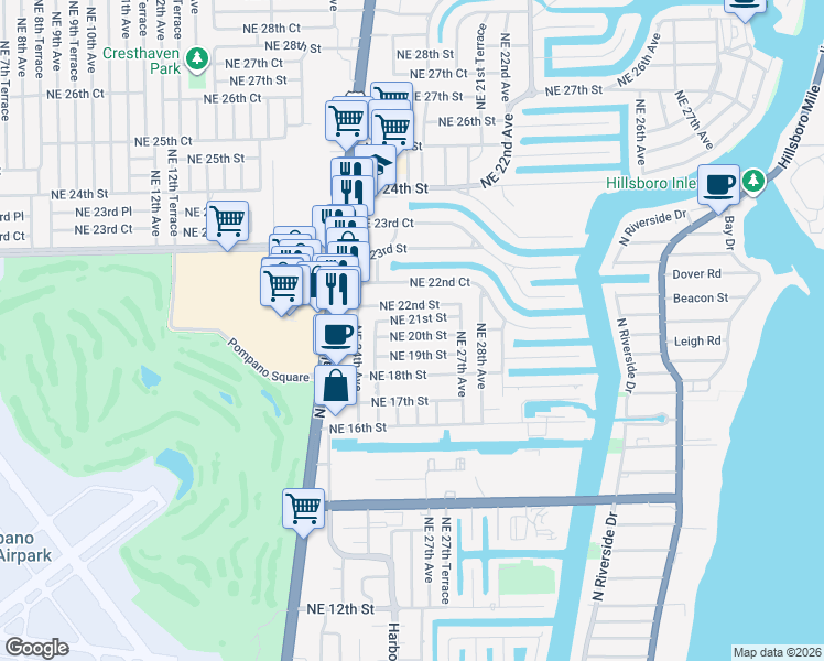 map of restaurants, bars, coffee shops, grocery stores, and more near 2621 Northeast 20th Street in Pompano Beach