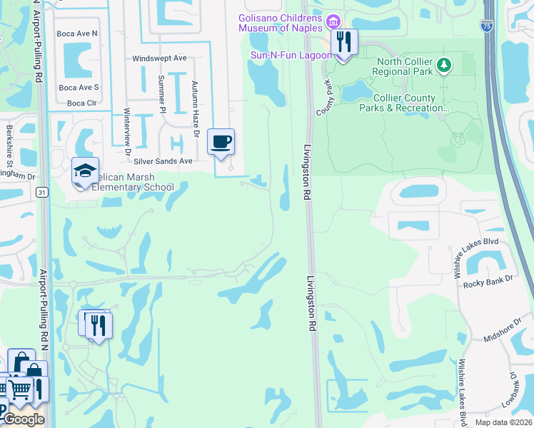 map of restaurants, bars, coffee shops, grocery stores, and more near 2843 Tiburon Boulevard East in Naples