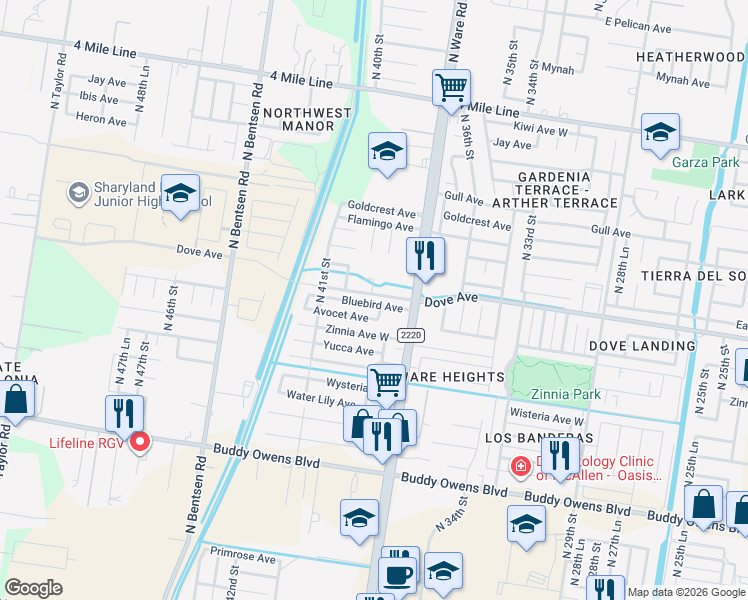 map of restaurants, bars, coffee shops, grocery stores, and more near 3722 Bluebird Avenue in McAllen