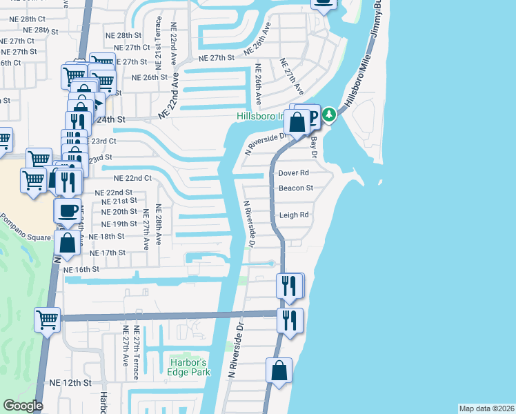 map of restaurants, bars, coffee shops, grocery stores, and more near 3202 Leigh Road in Pompano Beach