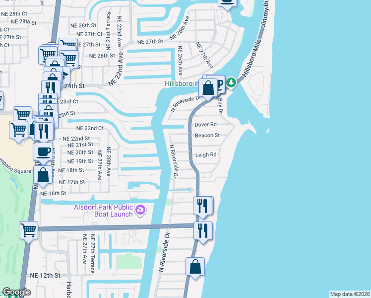 map of restaurants, bars, coffee shops, grocery stores, and more near 3202 Leigh Road in Pompano Beach