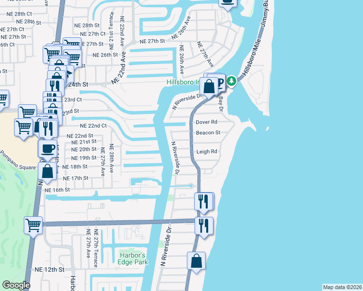 map of restaurants, bars, coffee shops, grocery stores, and more near 3202 Leigh Road in Pompano Beach