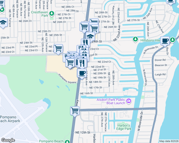 map of restaurants, bars, coffee shops, grocery stores, and more near 1991 Northeast 25th Avenue in Pompano Beach