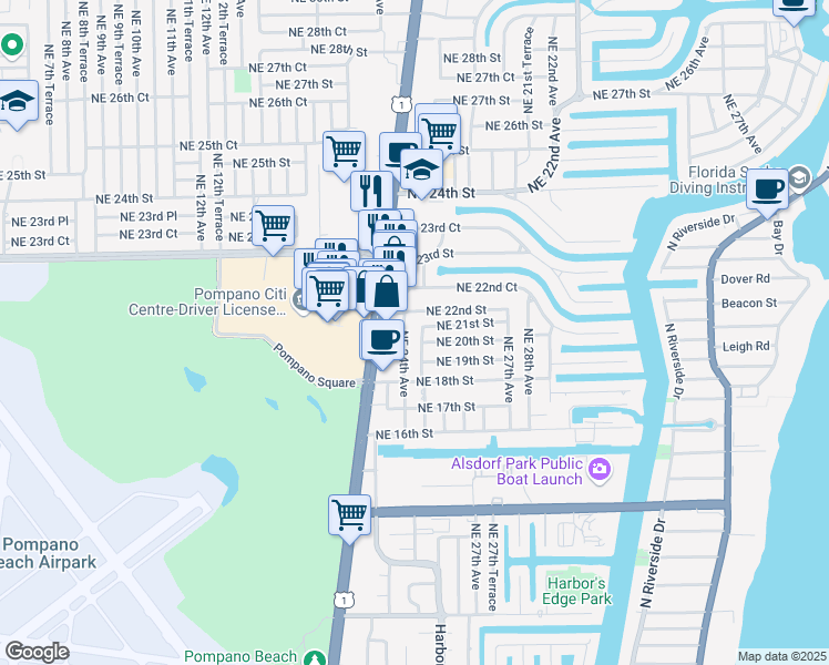 map of restaurants, bars, coffee shops, grocery stores, and more near 1991 Northeast 25th Avenue in Pompano Beach