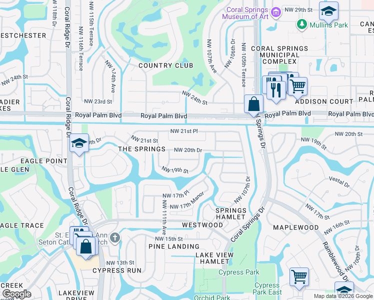 map of restaurants, bars, coffee shops, grocery stores, and more near 10984 Northwest 20th Drive in Coral Springs