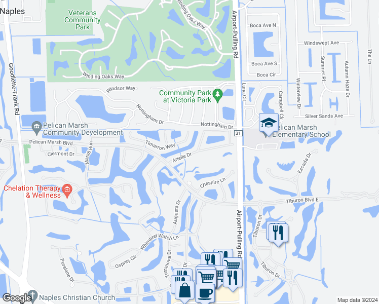 map of restaurants, bars, coffee shops, grocery stores, and more near 2125 Arielle Drive in Naples