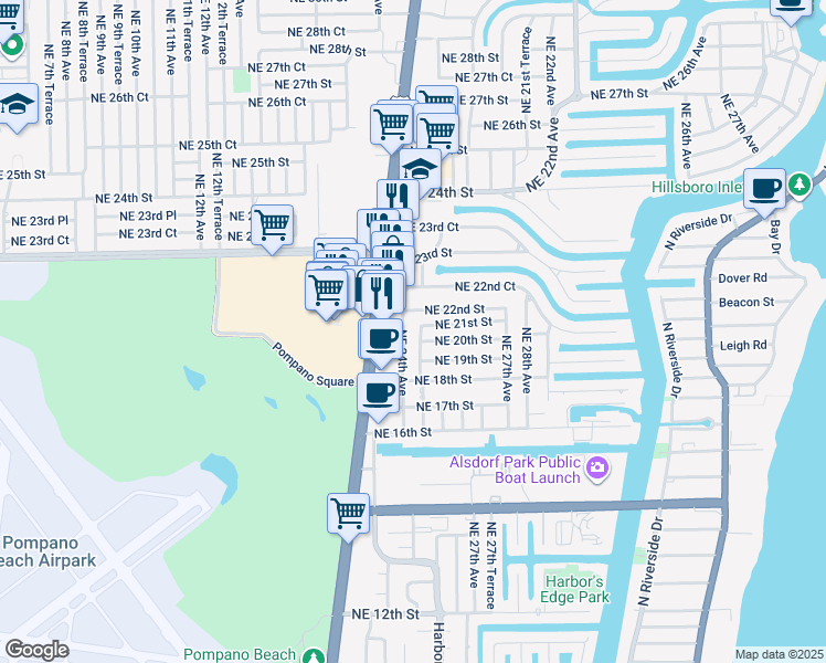 map of restaurants, bars, coffee shops, grocery stores, and more near 1991 Northeast 25th Avenue in Pompano Beach