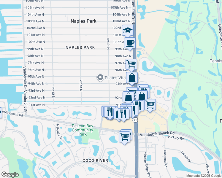 map of restaurants, bars, coffee shops, grocery stores, and more near 801 93rd Avenue North in Naples