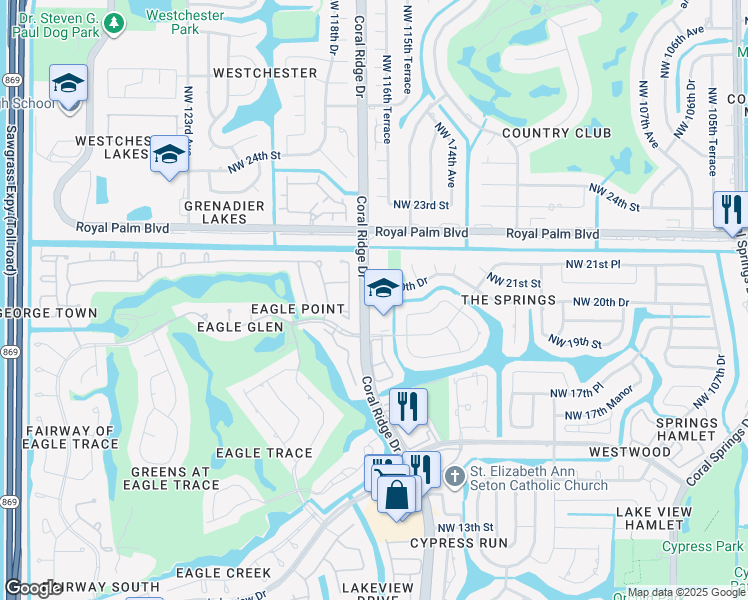map of restaurants, bars, coffee shops, grocery stores, and more near 1901 Coral Ridge Drive in Coral Springs