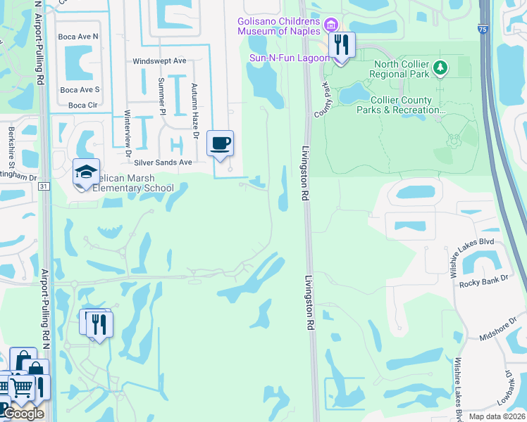 map of restaurants, bars, coffee shops, grocery stores, and more near 2843 Tiburon Boulevard East in Naples