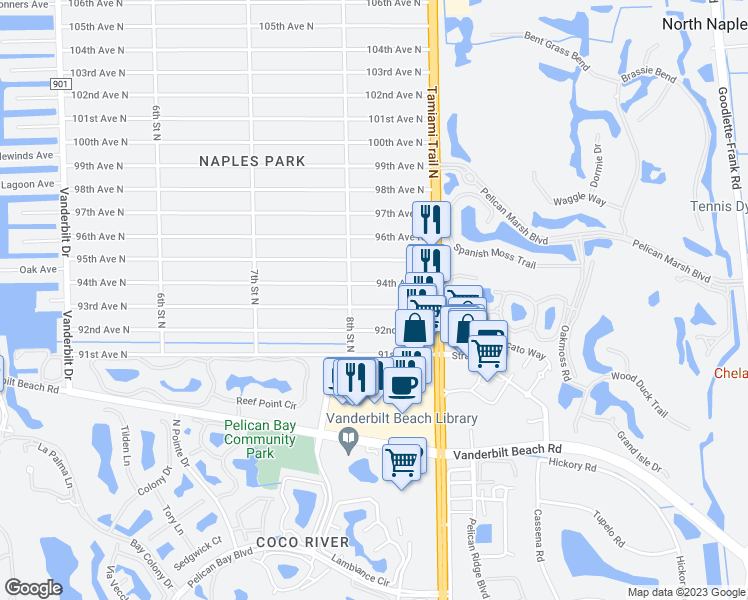 map of restaurants, bars, coffee shops, grocery stores, and more near 821 93rd Avenue North in Naples