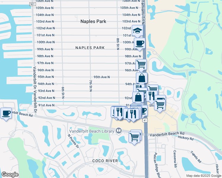 map of restaurants, bars, coffee shops, grocery stores, and more near 773 93rd Avenue North in Naples