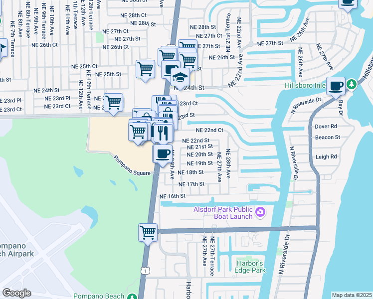 map of restaurants, bars, coffee shops, grocery stores, and more near 1991 Northeast 25th Avenue in Pompano Beach