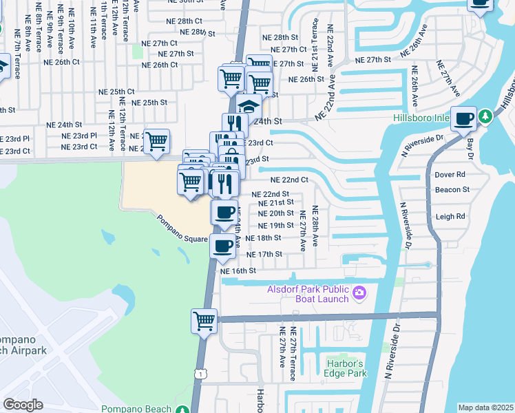 map of restaurants, bars, coffee shops, grocery stores, and more near 1991 Northeast 25th Avenue in Pompano Beach