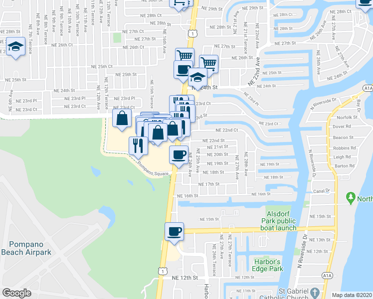 map of restaurants, bars, coffee shops, grocery stores, and more near 1955 North Federal Highway in Pompano Beach