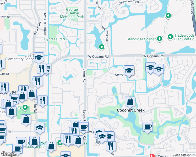 map of restaurants, bars, coffee shops, grocery stores, and more near 4429 Northwest 22nd Road in Coconut Creek
