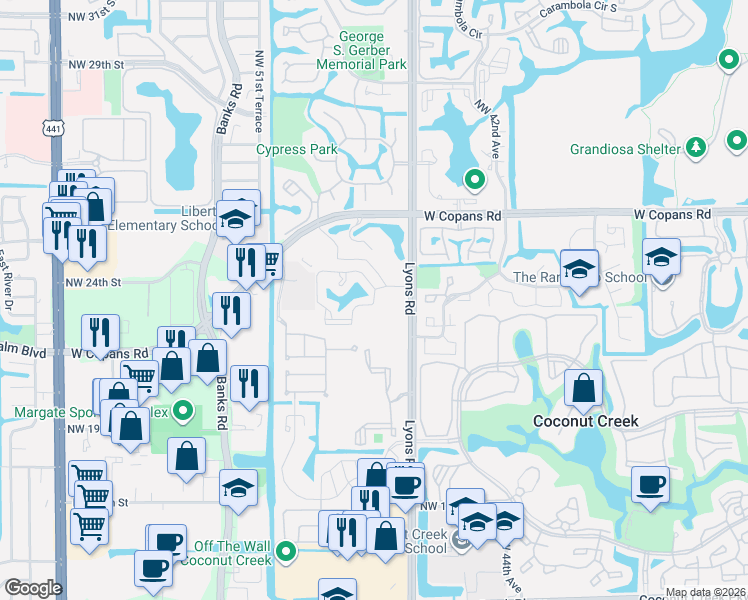 map of restaurants, bars, coffee shops, grocery stores, and more near 108 Northwest 22nd Street in Coconut Creek