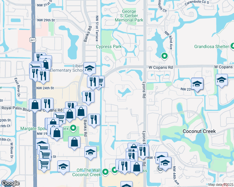 map of restaurants, bars, coffee shops, grocery stores, and more near 164 Northwest 22nd Street in Coconut Creek