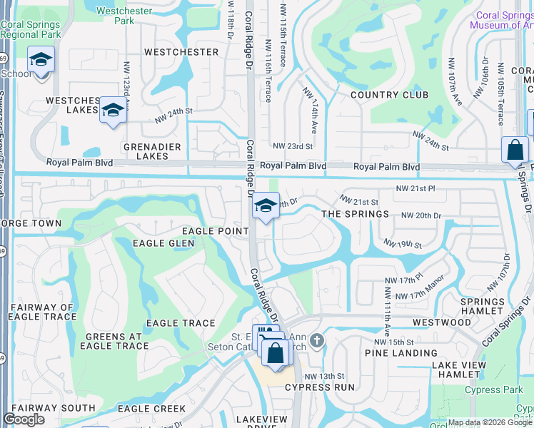 map of restaurants, bars, coffee shops, grocery stores, and more near 1901 Coral Ridge Drive in Coral Springs
